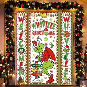 3Pcs Christmas Decor, Christmas Porch Sign Door Cover Banner Set for Christmas